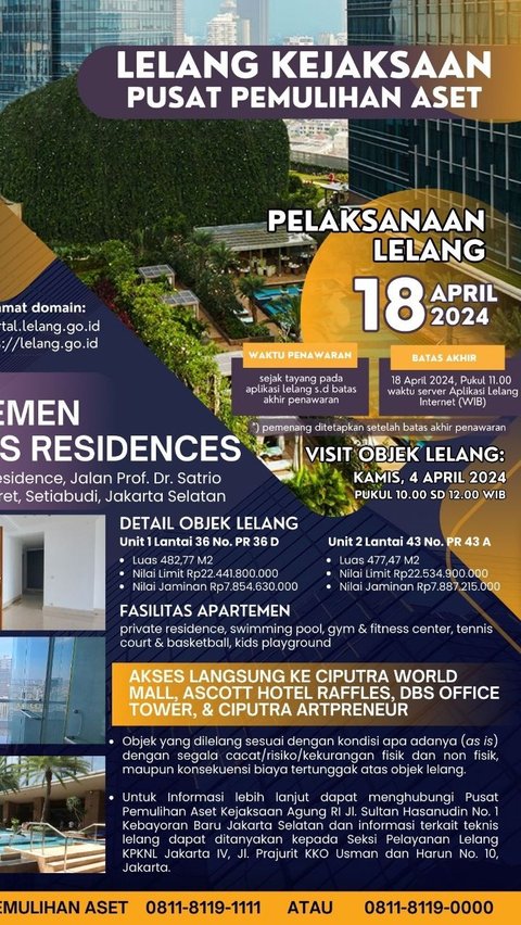 Lelang barang rampasan ini akan dilaksanakan pada Kamis 18 April 2024 dengan total objek lelang sebanyak tujuh apartemen di Provinsi DKI Jakarta.